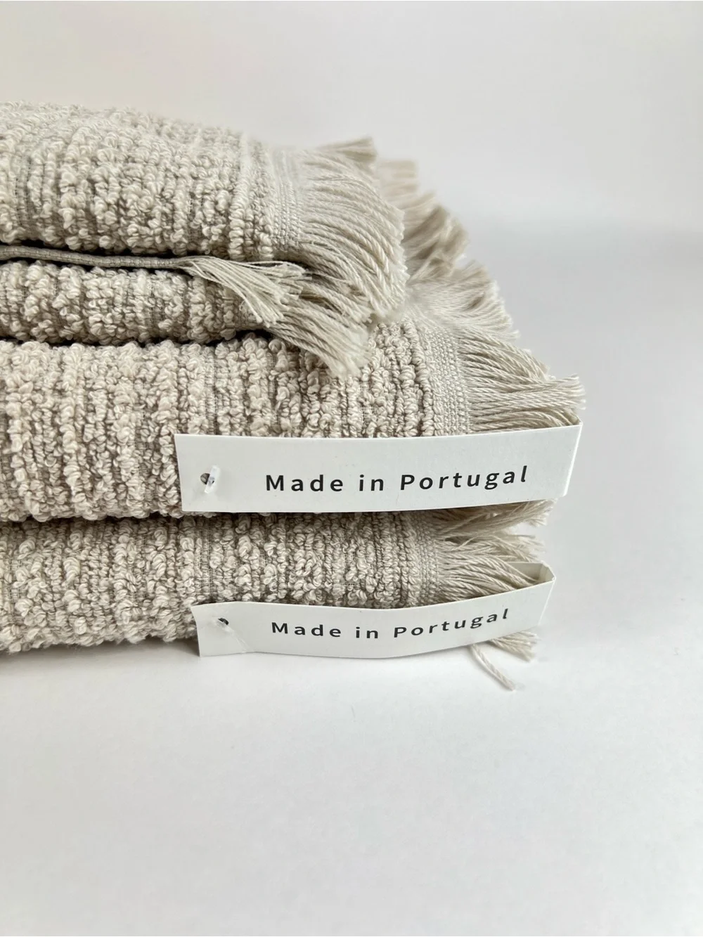 Bianca Bath Towel Set Tan with Fringe Textured Cotton Made in Portugal 4 Pc NEW